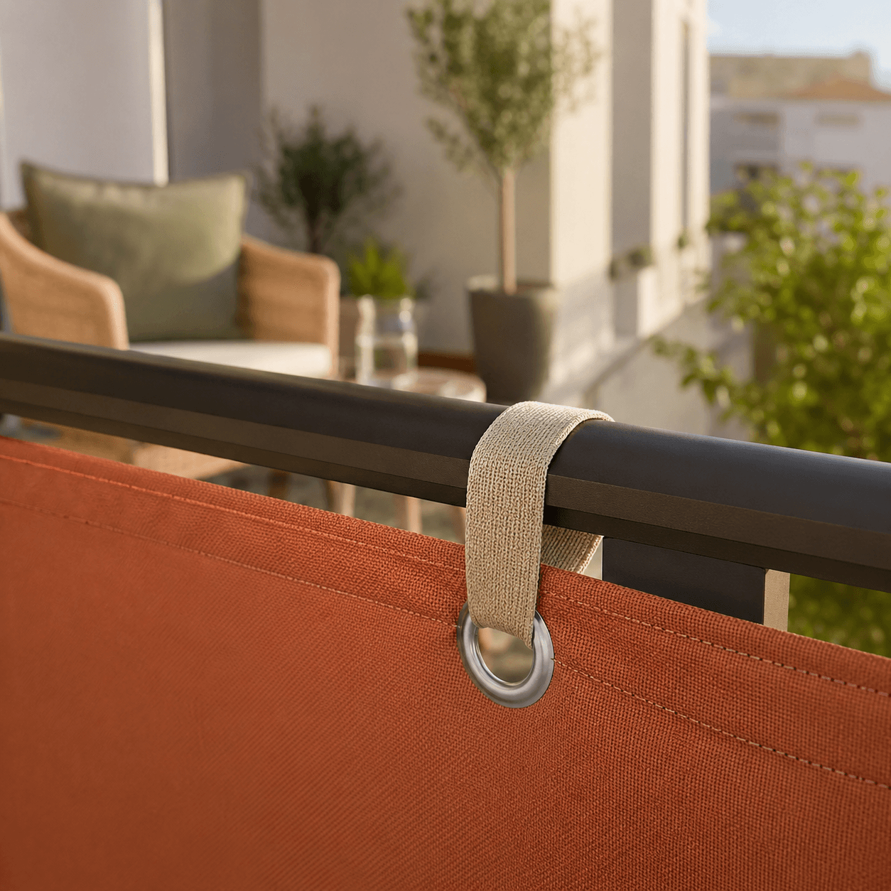 Tie secured through a reinforced eyelet around a balcony rail
