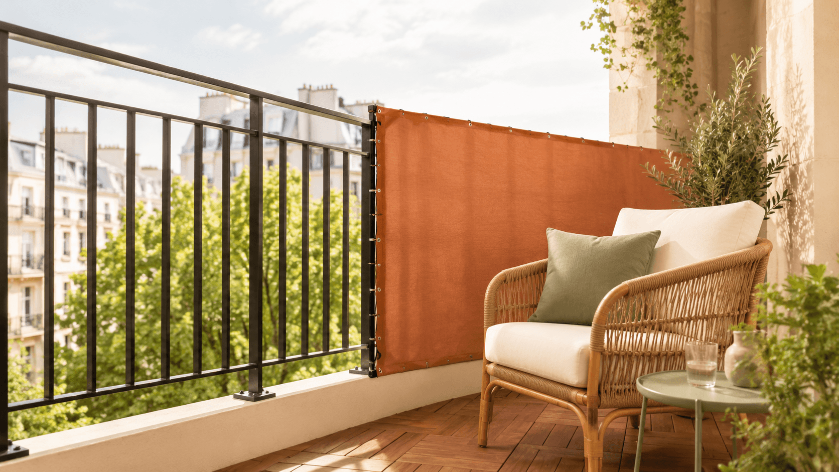 The same balcony before and after adding a privacy screen