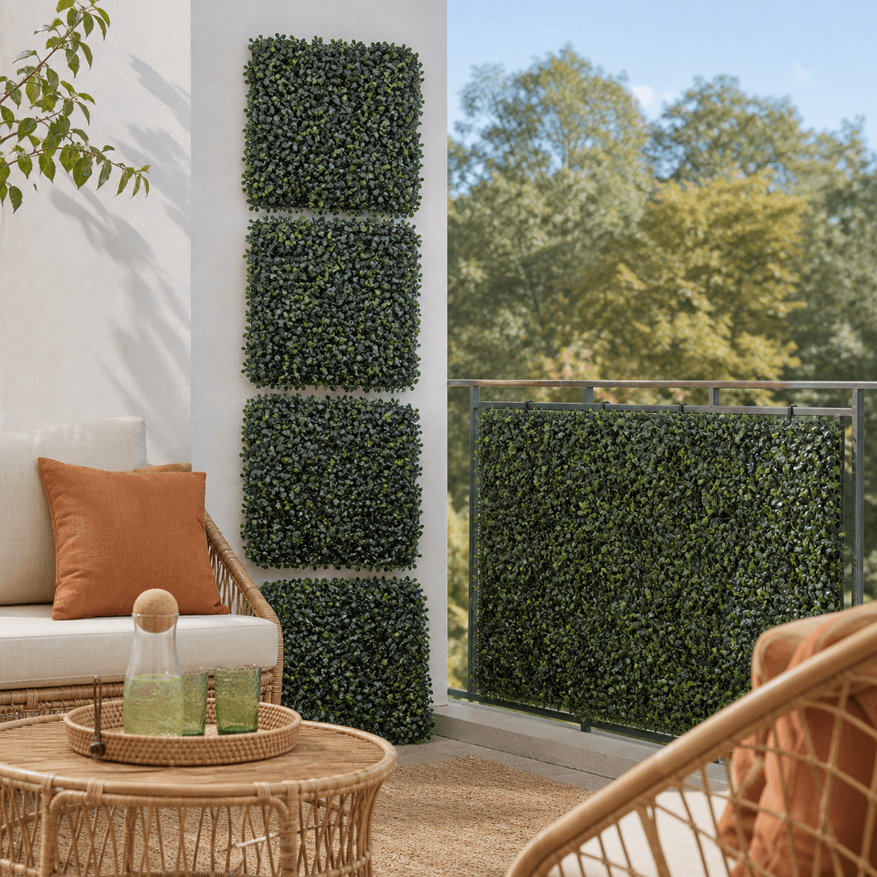 Artificial hedge panels tied to a balcony rail