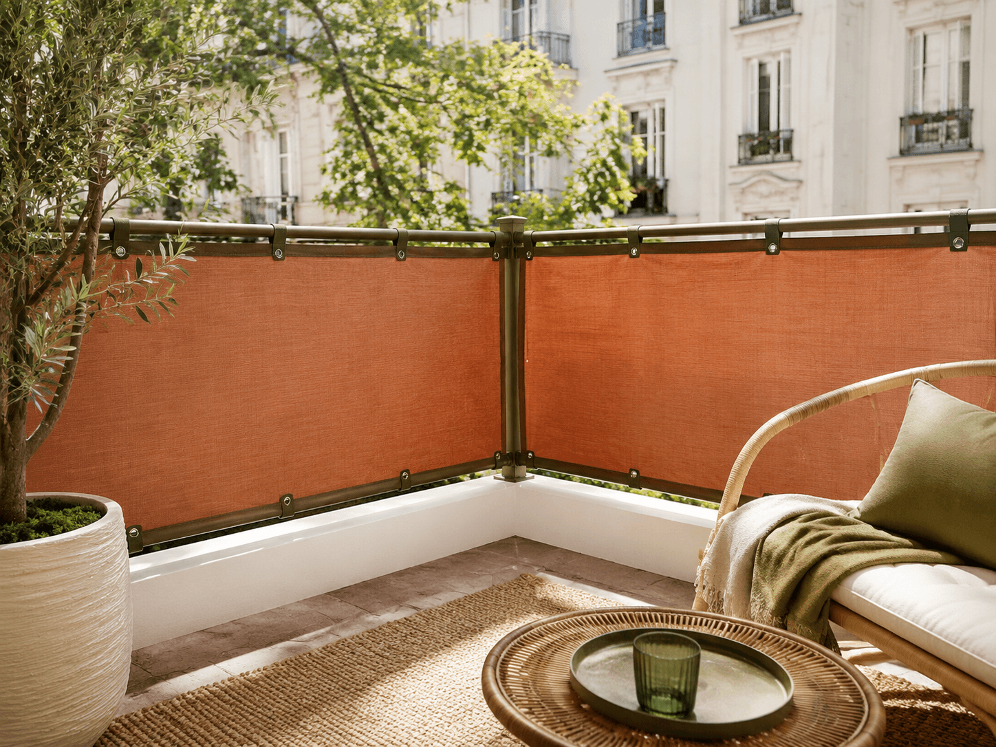 Corner Privacy Wrap Set installed in a realistic balcony or terrace setting