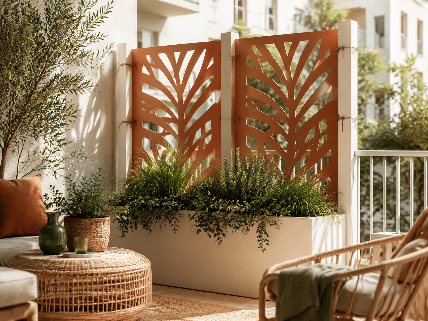 Decorative Screen Panel Set installed in a realistic balcony or terrace setting
