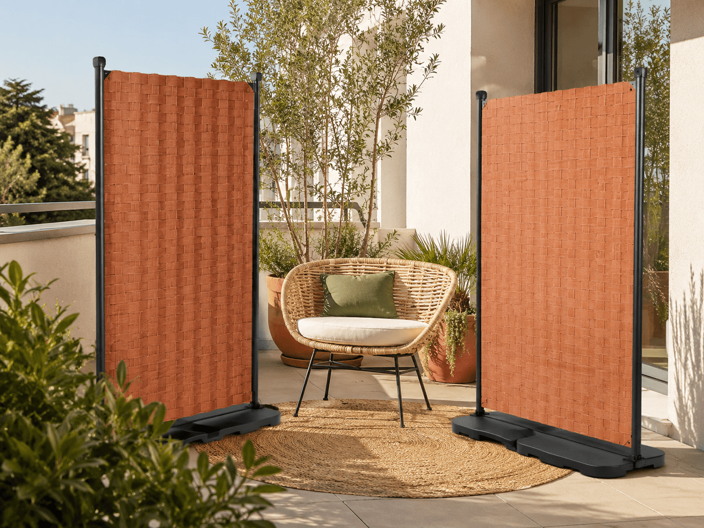 Freestanding Screen Panel Pair installed in a realistic balcony or terrace setting